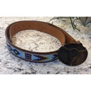 TONY LAMA Belt 40 Men BEADED Hand Tooled Leather Cowboy Western Blue Bull Buckle